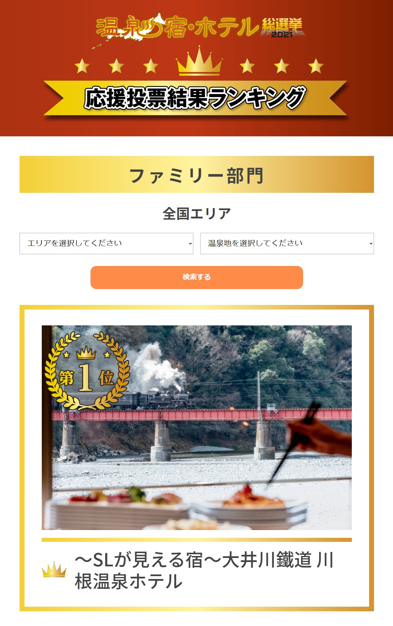 大井川鐵道川根温泉ホテルが温泉宿・ホテル総選挙2021「ファミリー部門 全国１位」に輝きました！！