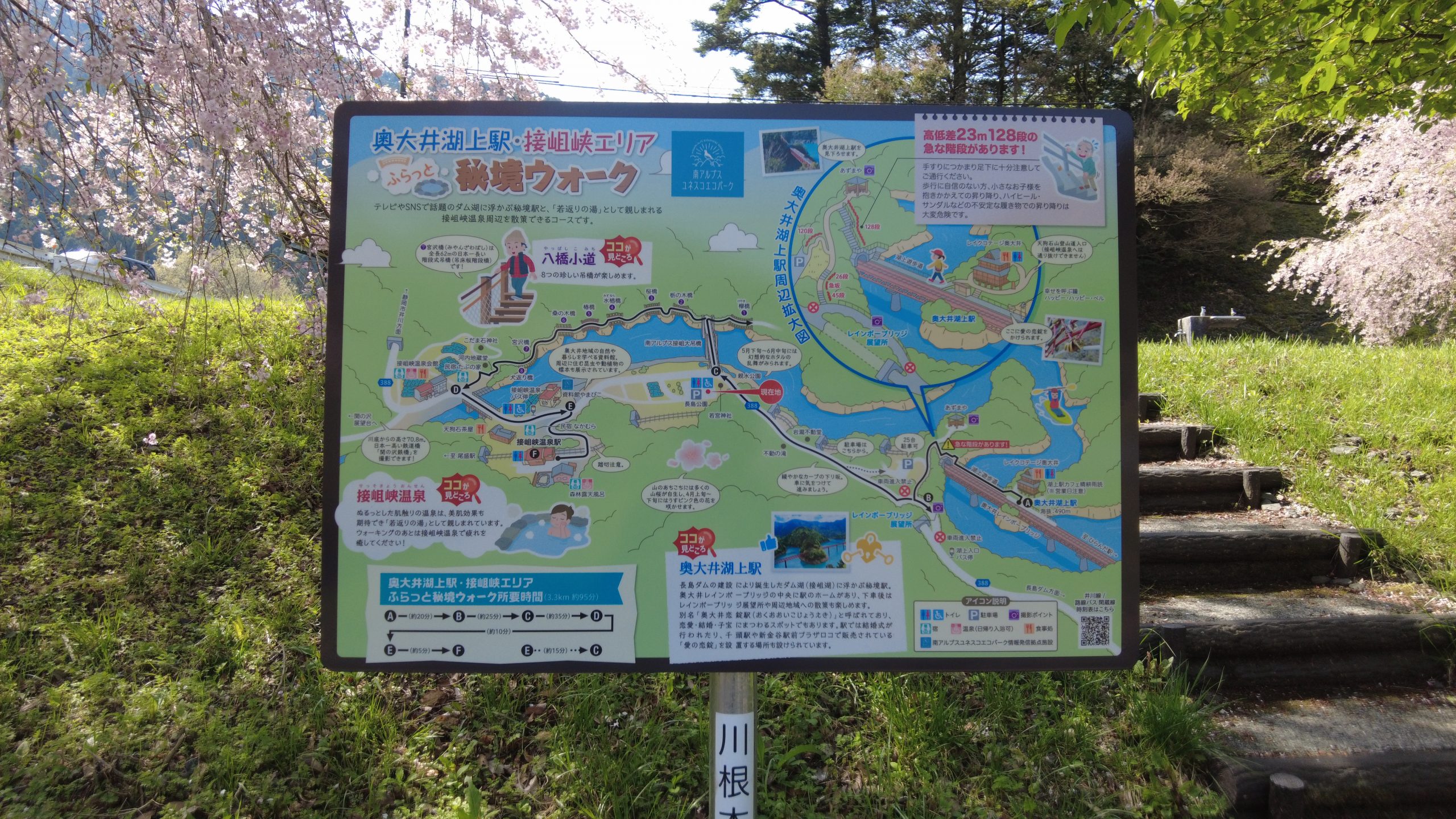 長島公園の駐車場に奥大井湖上駅・接阻峡エリアのマップが設置されていました。